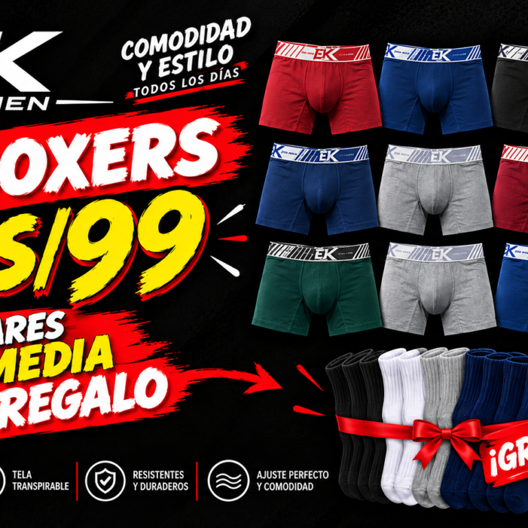 12 BOXERS A SOLO S/99 + 12 PARES DE MEDIA DE REGALO – EK FOR MEN
