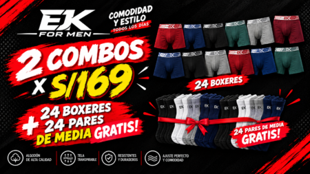 2 COMBOS x S/169 + 24 BOXERES + 24 PARES DE MEDIA GRATIS! – EK FOR MEN