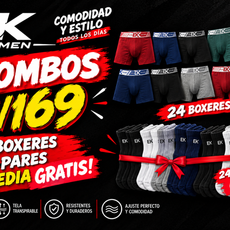 2 COMBOS x S/169 + 24 BOXERES + 24 PARES DE MEDIA GRATIS! – EK FOR MEN