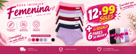 ROPA INTERIOR Femenina 12 x 99 SOLES + 6 PARES DE MEDIA DE REGALO